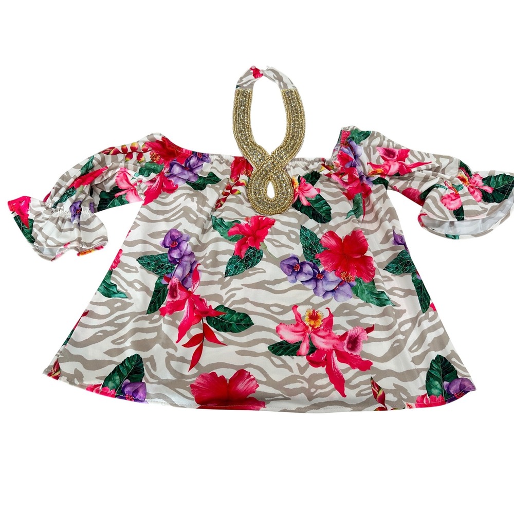 Boston Proper Floral‎ Zebra Halter Cold Shoulder Top Beaded Neckline Womens M